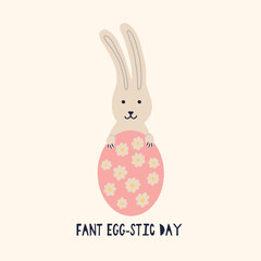 Rabbit hiding behind an Easter egg. Cartoon Bunny character. Happy Easter holiday concept for egg hunt design, print, social media, poster, postcard. Modern Flat Style