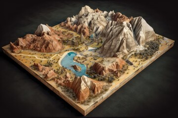 miniature mountain range with a serene lake nestled in the valley. Generative AI