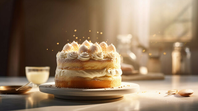 vanilla birthday cake with candles, new quality stock image food illustration desktop wallpaper design, Generative AI