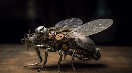 A mechanical fly with a body made of polished aluminum and wings made of steel wire mesh, hovering above a pile of discarded clock parts Generative AI