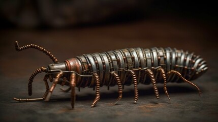 Obraz premium A centipede with a segmented body crafted from tarnished silver, its legs made of copper and brass coils Generative AI