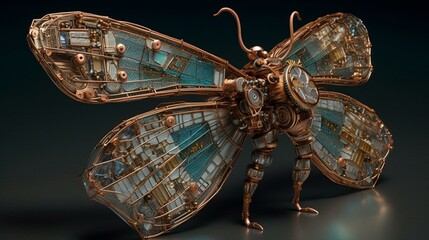 A moth with translucent wings made of glass, its body crafted from a mosaic of brass gears and springs Generative AI