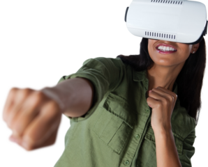 Woman gesturing while using virtual reality headset