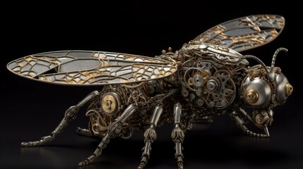 Fototapeta premium An insect with a thorax and abdomen crafted from an array of metal watch gears, its wings a delicate lattice of silver and bronze filigree Generative AI