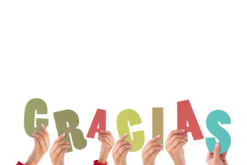 Colorful alphabet spelling thank you in Spanish held up by people