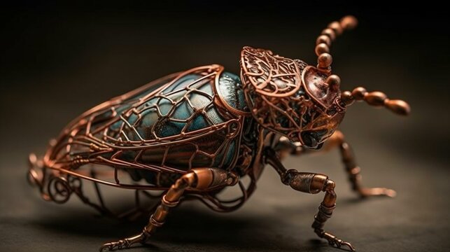 A beetle with intricate filigree wings and a body made from oxidized copper, perched on a twisted wire stem Generative AI