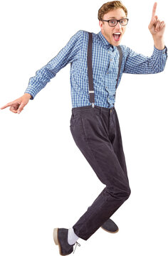 Geeky hipster dancing to vinyl
