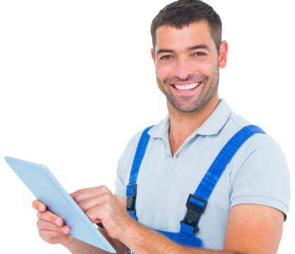 Portrait of happy repairman using digital tablet - Powered by Adobe