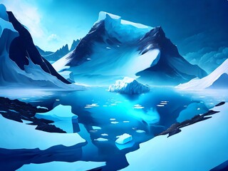 Winter landscape with glaciers. Beautiful winter snow background. Antarctica landscape and view. Arctic illustration with snow mountains. Created with generative AI tools