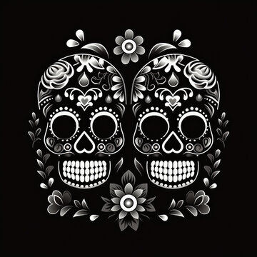 Skulls with flowers, Mexican Day of the Dead, celebration, religious tradition. Generative AI