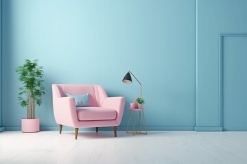 Blue Wall Marble Floor Elegant Room Design - generative AI	