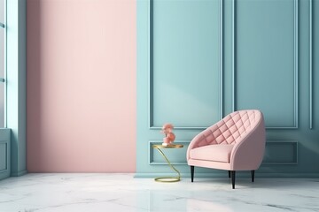Blue Wall Marble Floor Pink Modern Interior Room - generative AI	