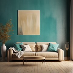 Beige Couch Centerpiece Blue Background Room Design - generative AI