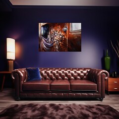  Brown Leather Couch Purple Background Room Center - generative AI