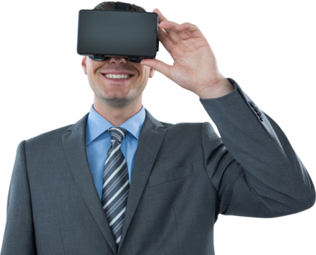Businessman using virtual reality headset
