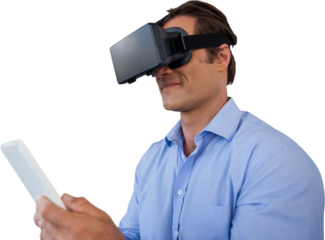 Businessman using vr glasses while holding tablet computer