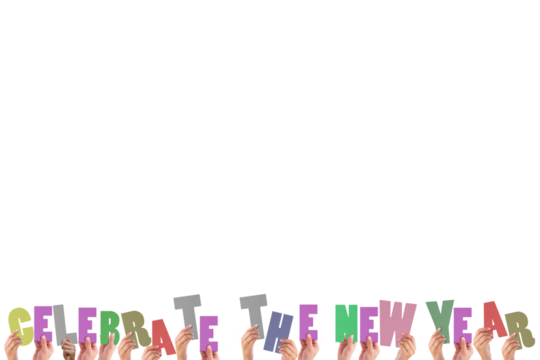 Colorful alphabet spelling celebrate the new year held up by people  - Powered by Adobe