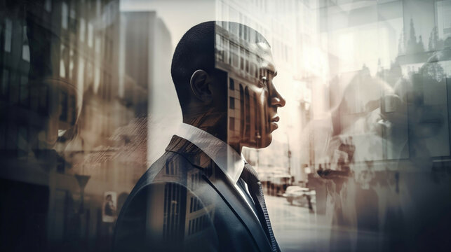 young businessman in suit in urban city double exposure street, abstract style new quality creative financial business stock image illustration design, Generative AI