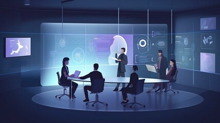 Depict teams of professionals working together using large interactive digital displays, virtual whiteboards, and immersive conferencing platforms.
Created using generative AI.
