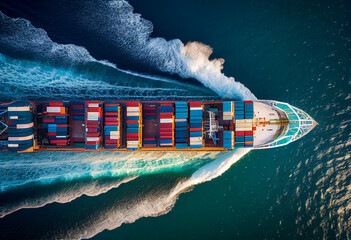 Aerial top view of cargo maritime ship with contrail in the ocean ship carrying container and running for export concept technology freight shipping by ship forwarder mast. Generative Ai. - obrazy, fototapety, plakaty