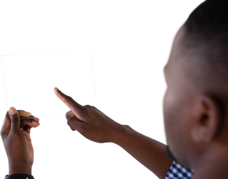 Close-up of man touching futuristic digital tablet