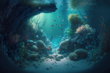 Underwater sun rays deep water sunlight under sea sunbeams background abstract. A panorama underwater coral reef on the red sea. 3D realistic illustration. Generative AI