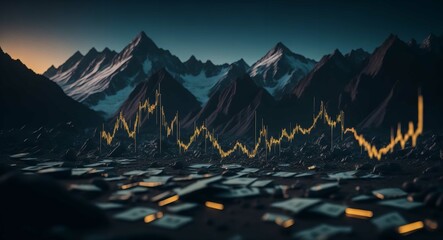 Stock chart in the background with mountains of money