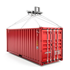 Red twenty feet cargo container hanging on a crane hook Isolated on white background. 3d style Illustration of a shipping contaner as a concept of import and export or moving. Generative Ai.
