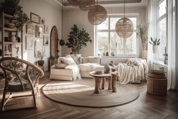White and beige farmhouse living room with rattan furniture, parquet floor, and macrame wall art. Boho decor,. Generative AI