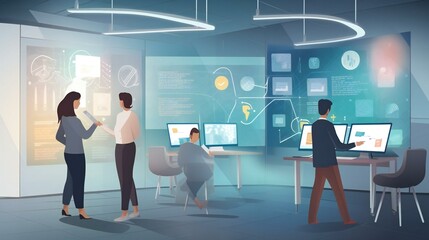 Fototapeta premium Depict teams of professionals working together using large interactive digital displays, virtual whiteboards, and immersive conferencing platforms. Created using generative AI.