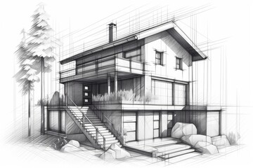 cozy house with a wooden staircase surrounded by lush trees. Generative AI