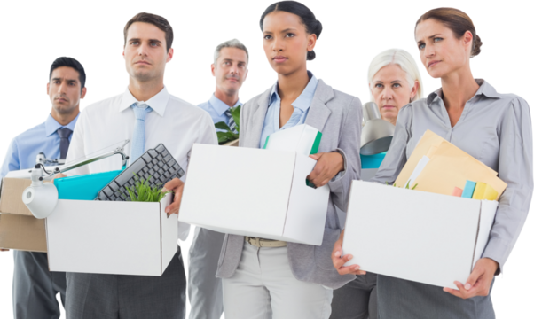Unhappy fired business people holding box 