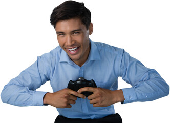 Portrait of happy businessman playing video game