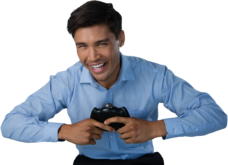 Portrait of happy businessman playing video game