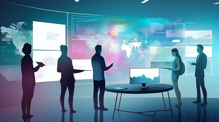 Fototapeta premium Depict teams of professionals working together using large interactive digital displays, virtual whiteboards, and immersive conferencing platforms. Created using generative AI.
