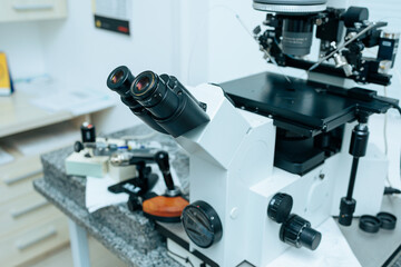 Fototapeta na wymiar Modern multifunctional medical microscope, modern medical equipment.