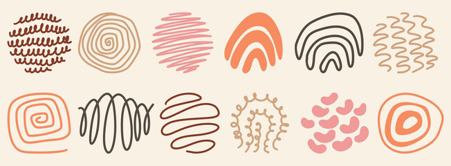 Hand drawn doodle abstract aesthetic shapes symbols illustration vector set banner wallpaper background modern pattern design rainbow squiggle circle neutral brown pink beige orange colour isolated