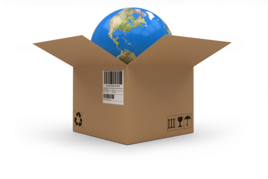 Digitally generated image of globe in cardboard box