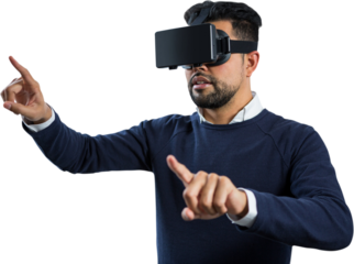 Man using virtual reality simulator over white background