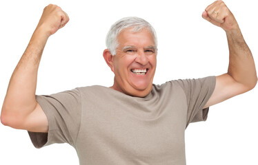 Portrait of a cheerful senior man with clenched fists