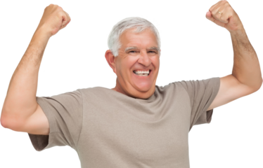 Portrait of a cheerful senior man with clenched fists