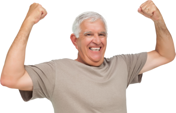 Portrait of a cheerful senior man with clenched fists