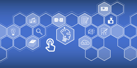 Gráfico para el uso de IA - Inteligencia Artificial. Iconos brillantes en formato vectorial en una red de panales en azul.