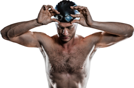 Swimmer holding swimming goggles