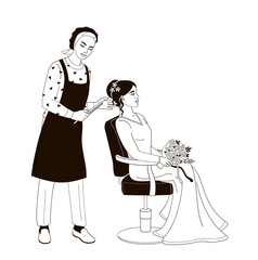 Afro American bride preparing for wedding day, hairdresser makes the bride's hairstyle, black and white illustration on transparent background
