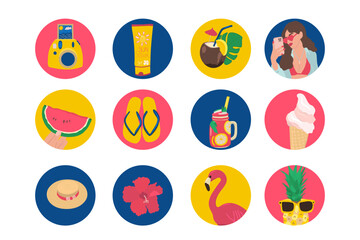 Set of summer cartoon style icons for social media stories, highlights covers. Summertime colorful collection.
