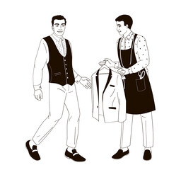 Afro American groom is preparing for wedding day, tailor proposal suit for groom, black and white illustration on transparent background