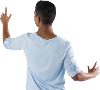 Man pretending to touch an invisible screen against white background