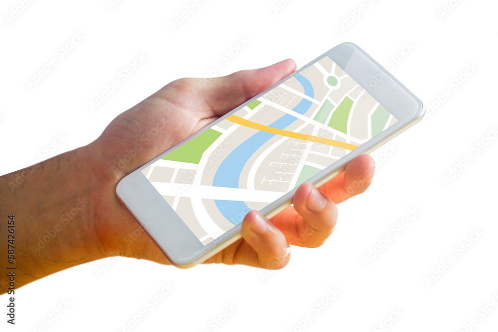 Poster man using map app on phone