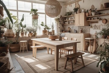 Obraz premium Wooden Scandinavian bohemian kitchen and dining table. White beige table setting. Bohemian country decor,. Generative AI